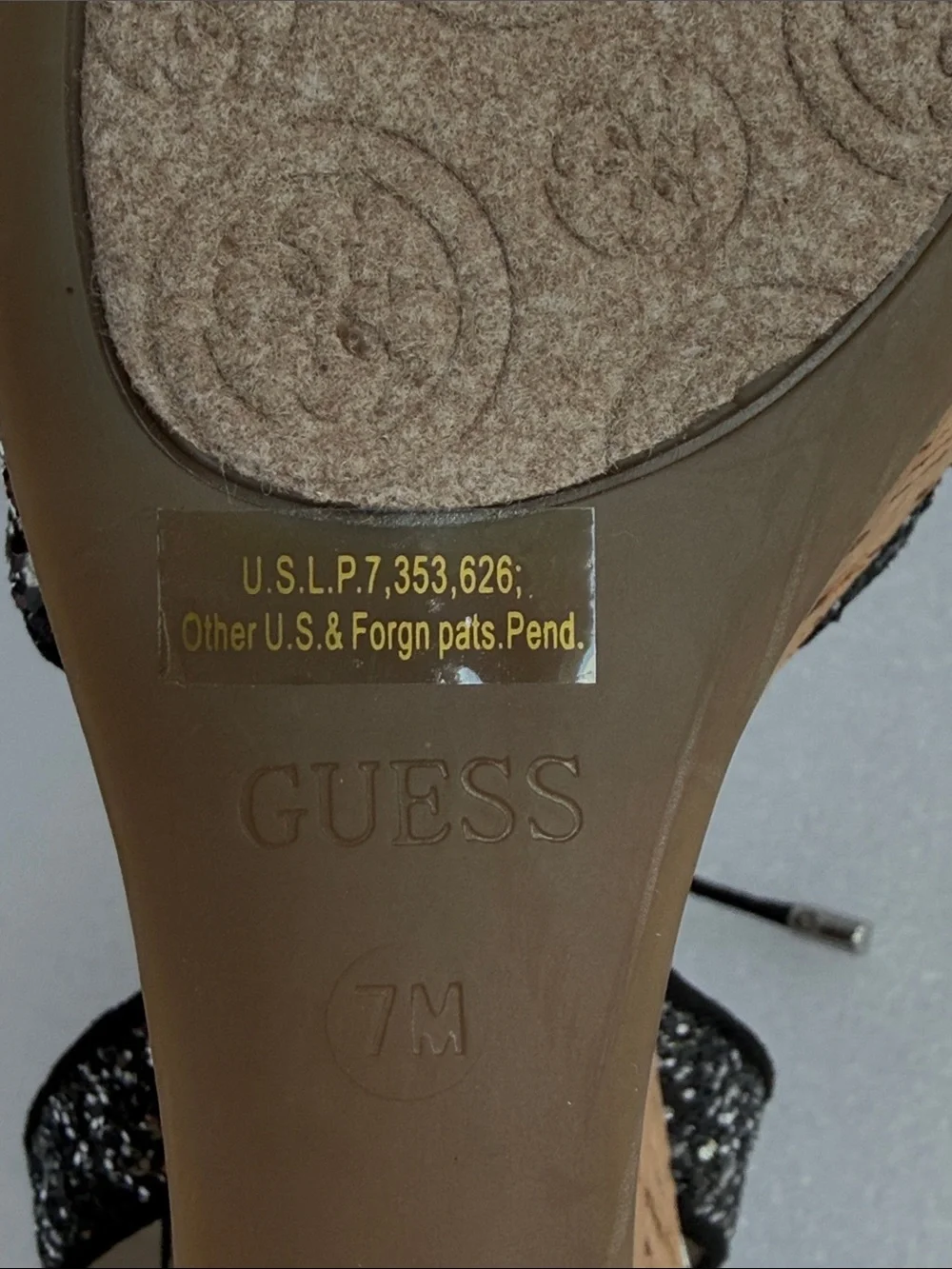 Guess Black Glitter Cork Wedge Sandals with Ankle Tie